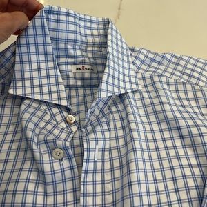 Kiton Men’s checkered white and blue dress shirt.